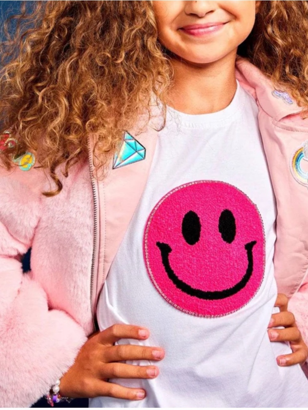 Lola + The Boys Girls White Chenille Rhinestone Happy Emoji Tee 14